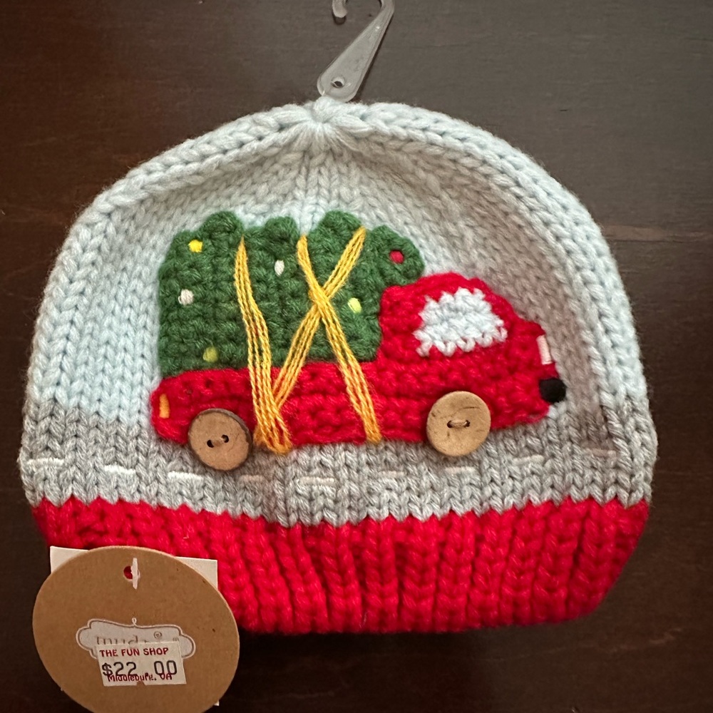 Mudpie knit winter hat with truck and Christmas tree